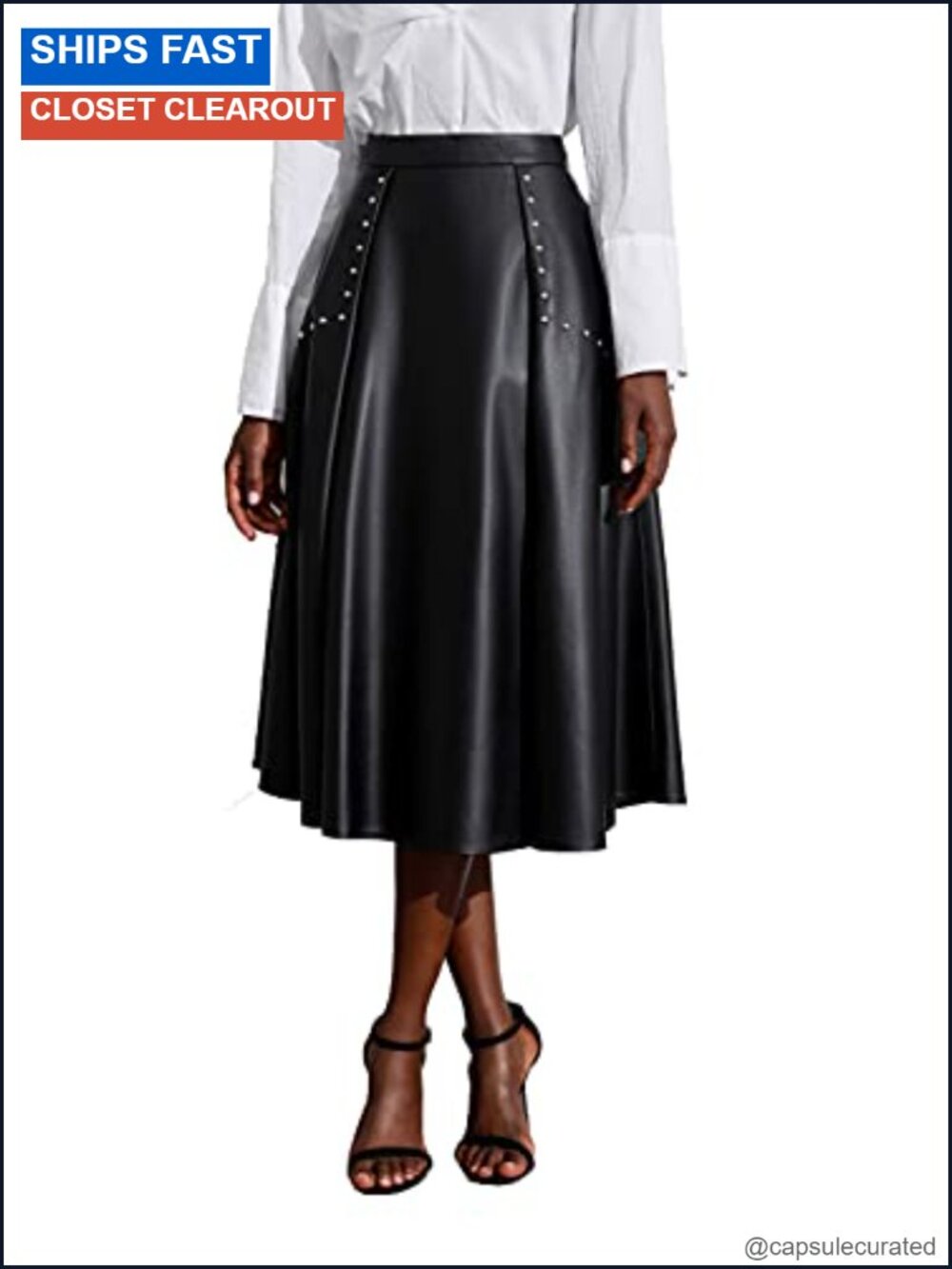 Genuine Leather High Waisted Pleated Flared Midi Skirt